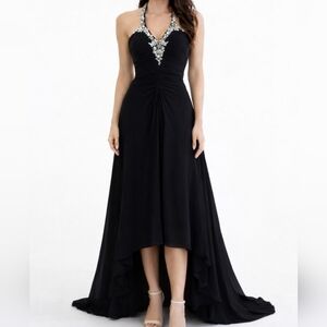 Tiffany Designs Rhinestone Embellished Black Silk Halter Dress - Size 6